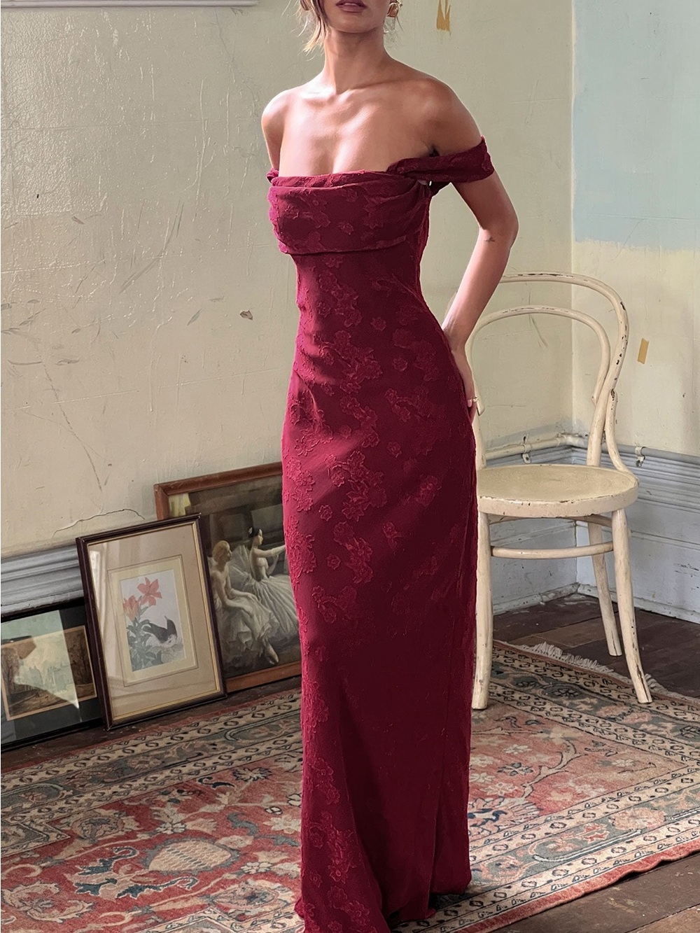 Princess Polly Burgundy Off-Shoulder Jacquard Gown